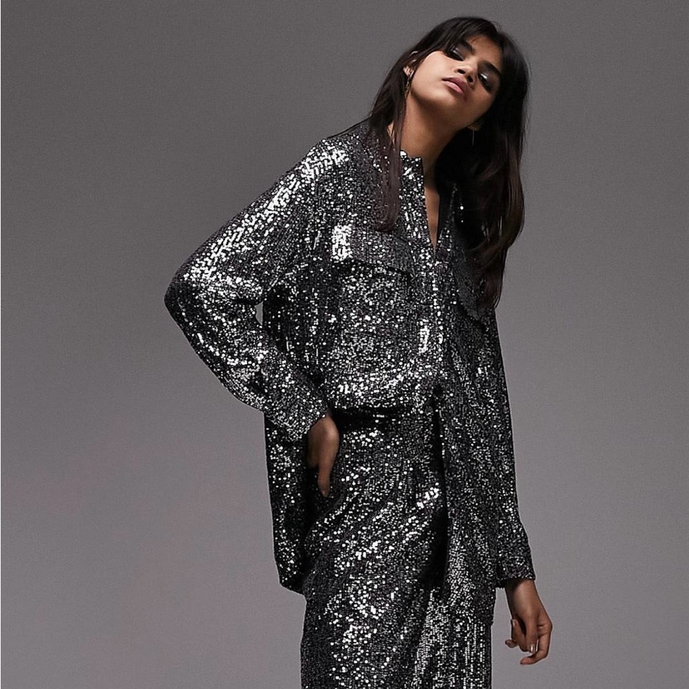 Topshop Tailored Mini Sequin Shacket in Silver